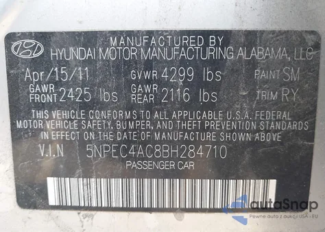 2011 Hyundai Sonata Limited z USA, uszkodzony, nr VIN 5NPEC4AC8BH284710